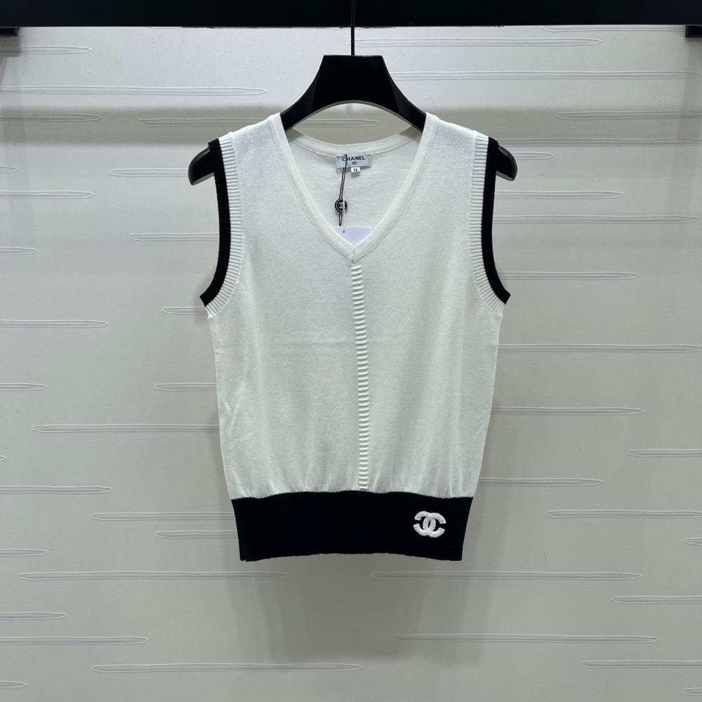 Chanel White V-Neck Knit Tank with Black Trim